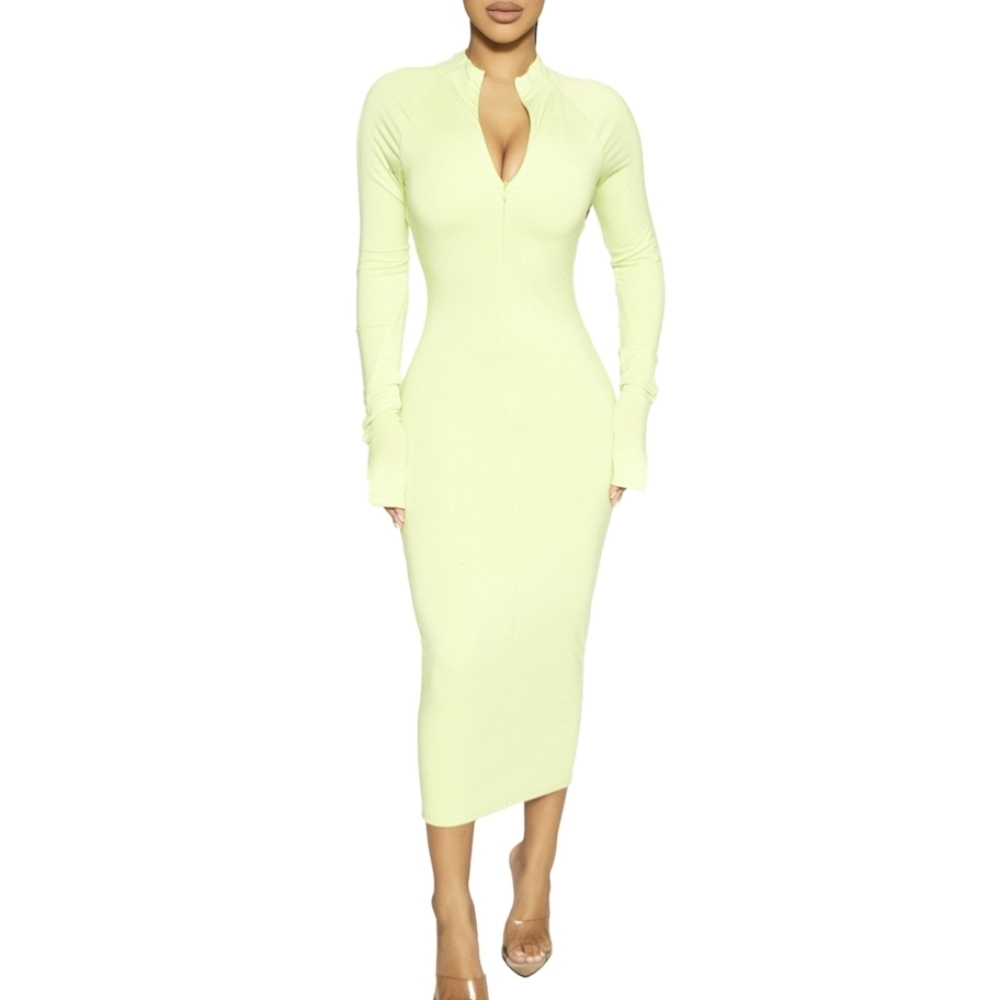 Naked Wardrobe | Sensual Half Zip Lime Green Long Sleeve Dress | Medium